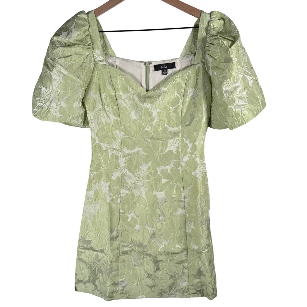 Lulus Lustrous Love Light Green Floral Jacquard Puff Sleeve Mini Dress XS NEW - Picture 6 of 11